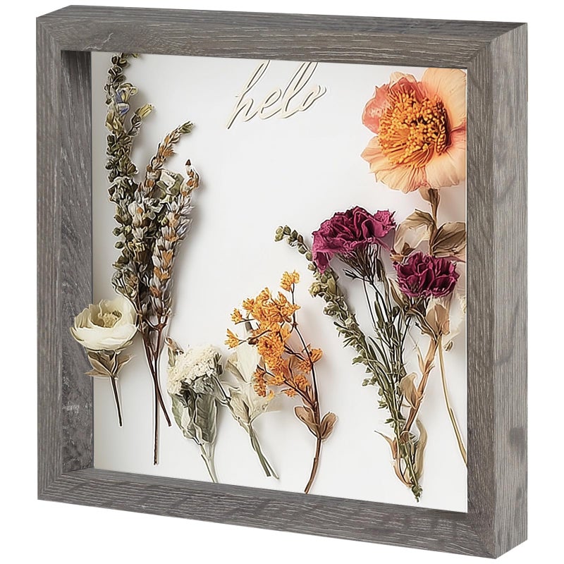 Muzilife 12x12 Shadow Box Picture Frame with Linen Board Deep Wood Glass Display Case Ready to Hang Memory Box Baby Sports Memorabilia, Pins, Awards, Medals, Wedding Photos (Grain Gray) - Image 1